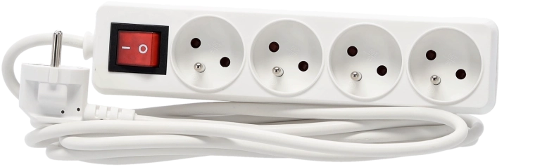 Prelungitor cu protecție la supratensiune cu întrerupător, 4 prize, 3 m, alb