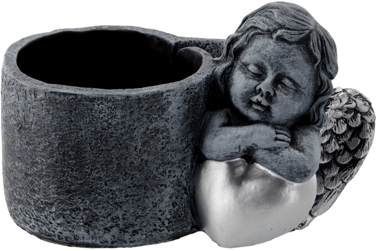 Jardinieră funerară din ciment cu îngeraș, gri închis–argintiu 24,5 × 14 × 15 cm