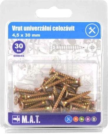 Șuruburi universale cu filet complet 4,5 × 30 mm, zincate, 30 buc.
