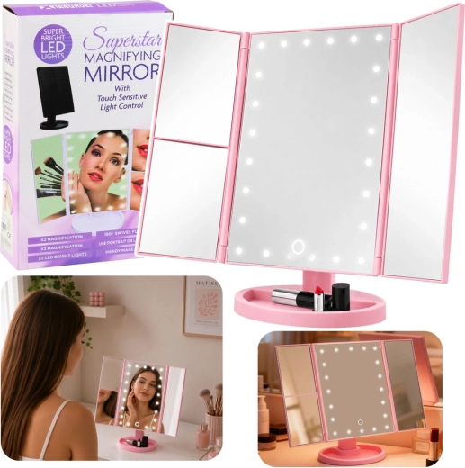 Oglindă cosmetică pliabilă roz, cu iluminare LED, control tactil și mărire