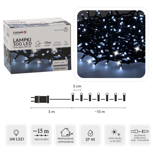 Șir LED 300 diode alb rece cu efect flash, 18 m pentru utilizare interioară și exterioară