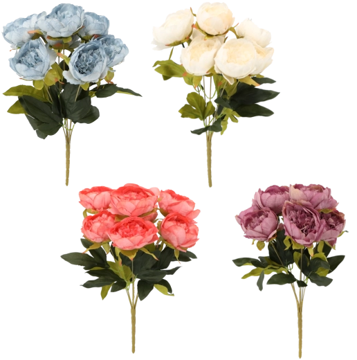 Crenguță artificială – buchet cu 7 bujori, 43 cm, mix de culori