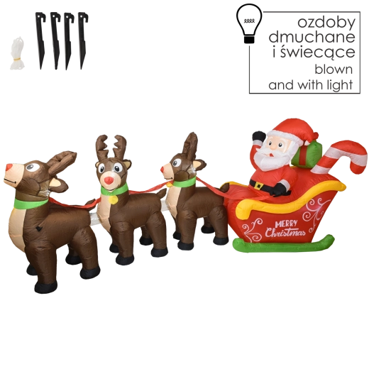 Moș Crăciun gonflabil pe sanie cu reni, cu iluminare LED - 1 bucată