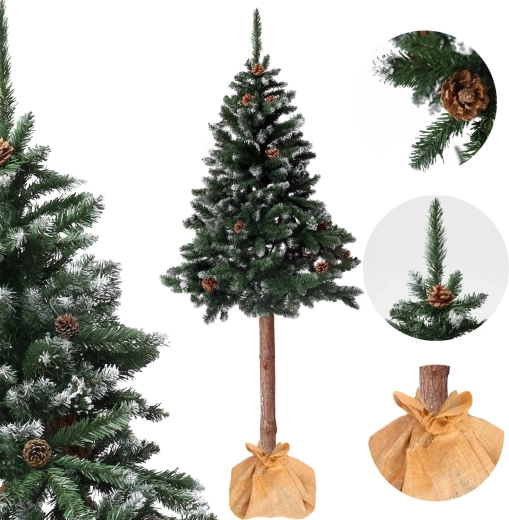Brad artificial de Crăciun pe trunchi 180 cm, pin diamant cu conuri, înzăpezit