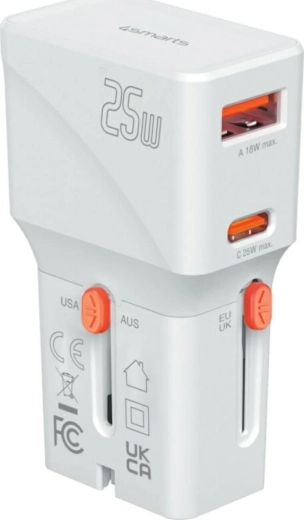 Încărcător de călătorie 4smarts Nomad Pocket 25 W USB‑C + USB‑A alb