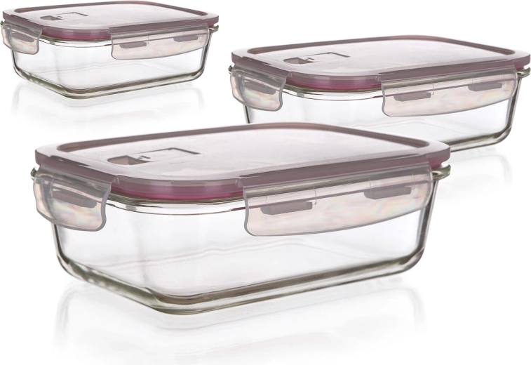 Set de caserole din sticlă Lora dreptunghiulare cu capace, 3 buc (0,55 l, 0,95 l, 1,45 l)