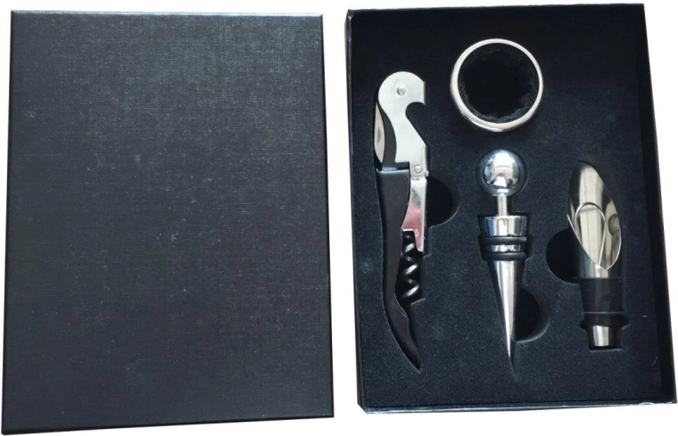 Set cadou pentru vin, 4 piese – tirbușon, dop, inel anti-picături și dozator