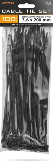 Coliere negre de cablu 200 × 3,6 mm, 100 bucăți
