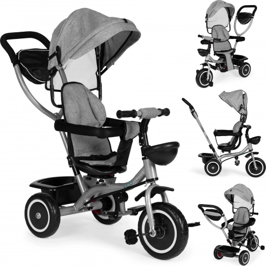 Tricicletă pentru copii 2 în 1 tip cărucior, scaun rotativ și copertină pliabilă, gri ECOTOYS