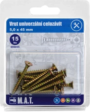 Șurub universal cu filet complet 5 × 45 mm, zincat, 15 buc.