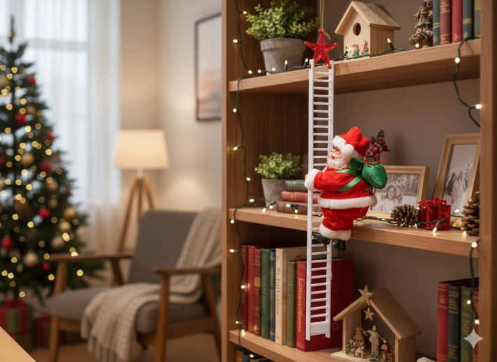 Moș Nicolae care se cațără pe scară 20,5 cm – decorațiune de Crăciun mobilă cu melodie