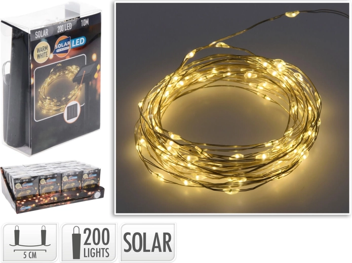 Șir luminos LED solar de Crăciun 10 m, 200 diode, alb cald
