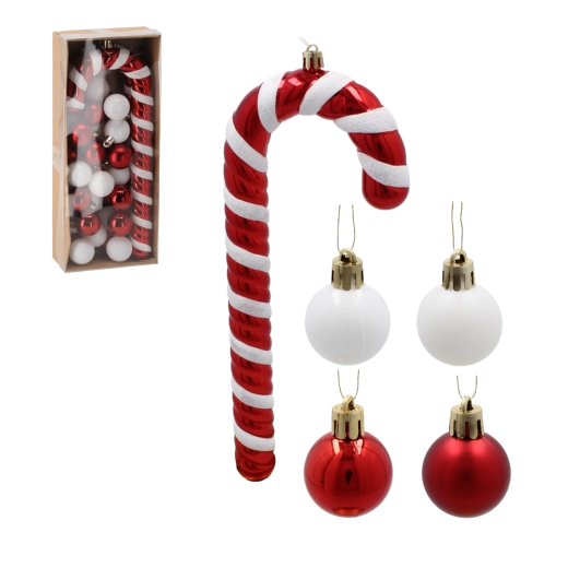 Set de ornamente de Crăciun 32 buc – bastonaș de zahăr 25 cm și globuri 3 cm, nefragile