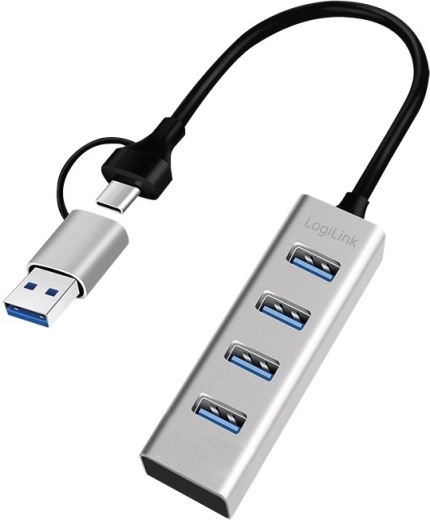 Hub USB 3.0 cu 4 porturi USB‑A, 5 Gbit/s cu adaptor USB‑C/USB‑A