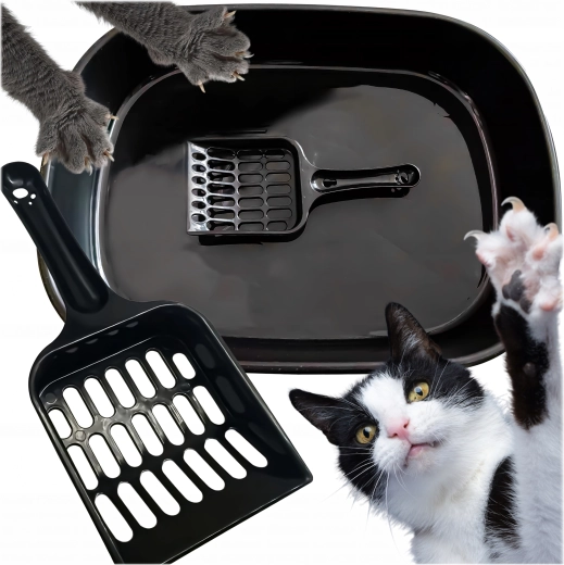 Ladă de toaletă deschisă pentru pisici cu lopățică, neagră 41 × 31 × 9 cm