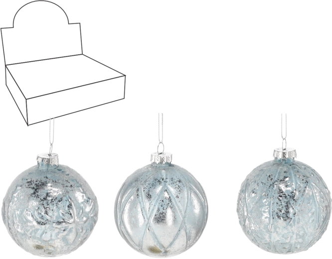 Globuri de Crăciun din sticlă 8 cm, albastru‑argintiu, set 12 buc