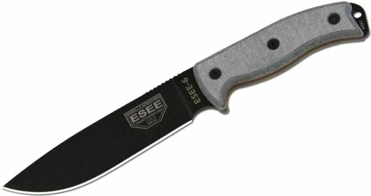 Cuțit universal ESEE 6P cu tăiș neted, negru/gri, Micarta, toc
