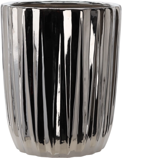 Ghiveci decorativ ceramic, argintiu, cu dungi, 39,5 × 39,5 × 48,5 cm