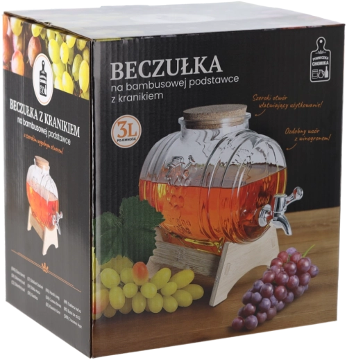 Beczułka Winogrono dozator de băuturi 3 l cu robinet și suport din bambus