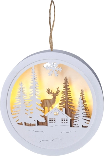 Decorațiune LED suspendată Solight, pădure și cerb, albă/lemn natural - 1 bucată