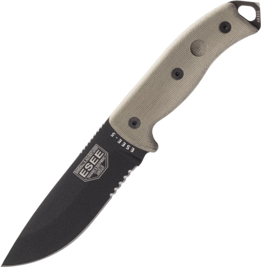 ESEE 5 lamă zimțată, lamă neagră, mâner micarta, teacă Kydex