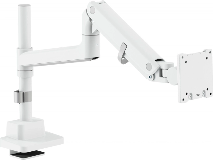 Braț de monitor pe gaz, alb, cu clemă de birou, 57" / 27 kg, VESA 75x75 și 100x100