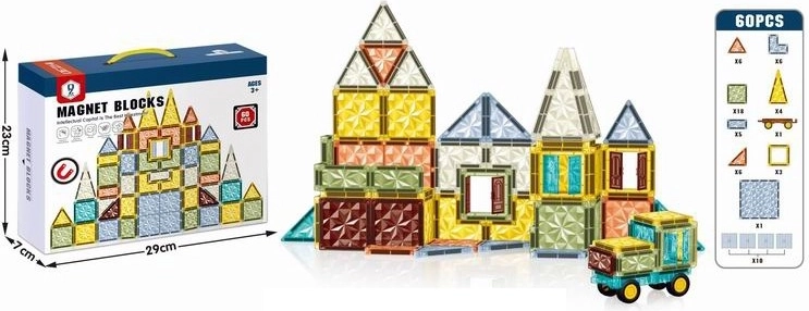 Set de construcție magnetică 3D pentru copii – 60 de piese