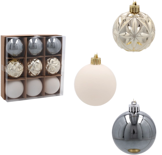 Set de globuri de Crăciun 6 cm în nuanțe de șampanie, gri și alb – 9 buc