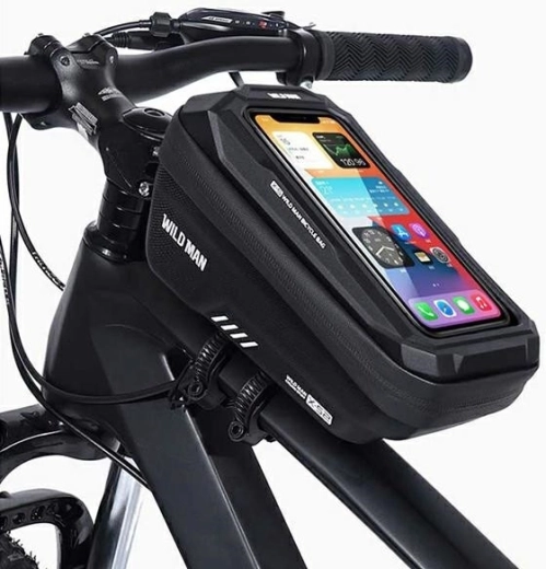 Geantă de cadru pentru bicicletă WILD MAN XS2 1 l cu husă pentru telefon, neagră