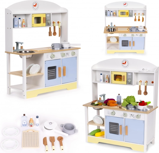 Bucătărie din lemn pentru copii cu cuptor, mașină de spălat și cuptor cu microunde ECOTOYS – 12 accesorii