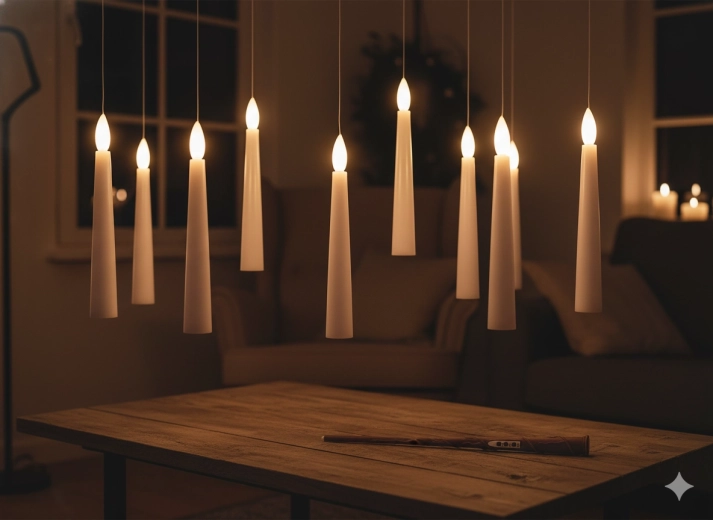 Set de 10 lumânări LED suspendate cu baghetă magică 1,5 × 15,5 cm