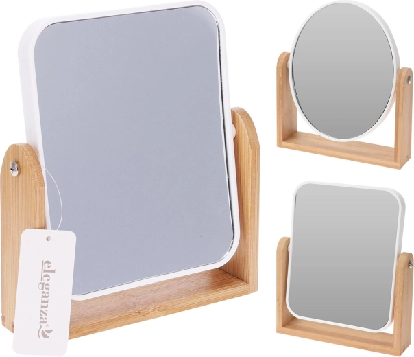 Oglindă cosmetică pentru baie cu suport 18 × 21 cm, sticlă și bambus