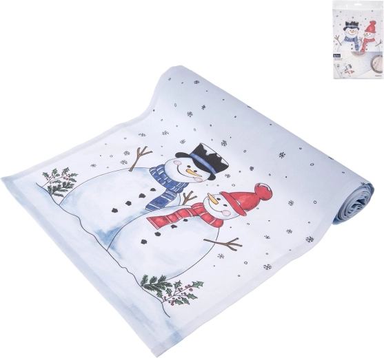 Traversă de masă din bumbac cu motiv Om de zăpadă 160 × 30 cm
