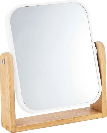 Oglindă de masă dreptunghiulară cu suport din bambus, albă, 18 × 4,5 × 21 cm