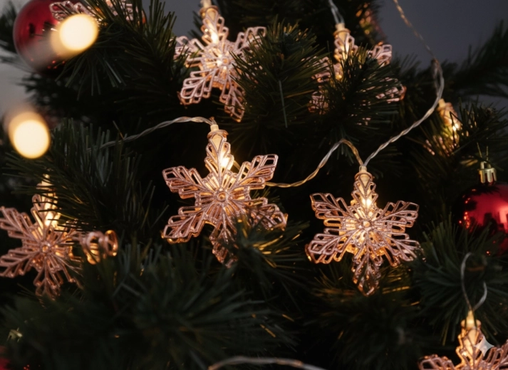 Șir luminos LED fulgi de zăpadă auriu roz, alb cald, 10 LED-uri