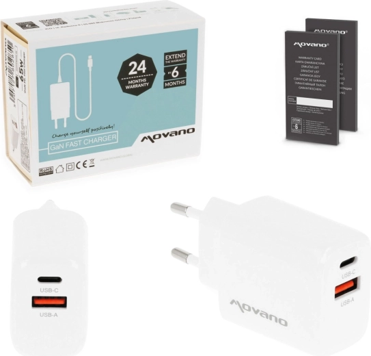 Încărcător de rețea Movano GaN 20 W USB-C PD + USB-A alb