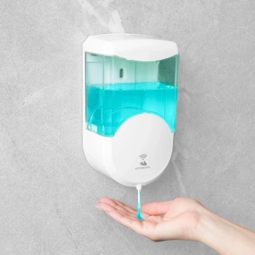 Dozator automat de săpun, montare pe perete, 600 ml, alimentat cu baterii, alb