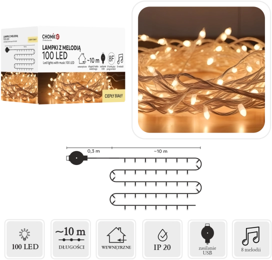 Șir luminos LED cu melodie USB, alb cald, 100 diode, 10 m