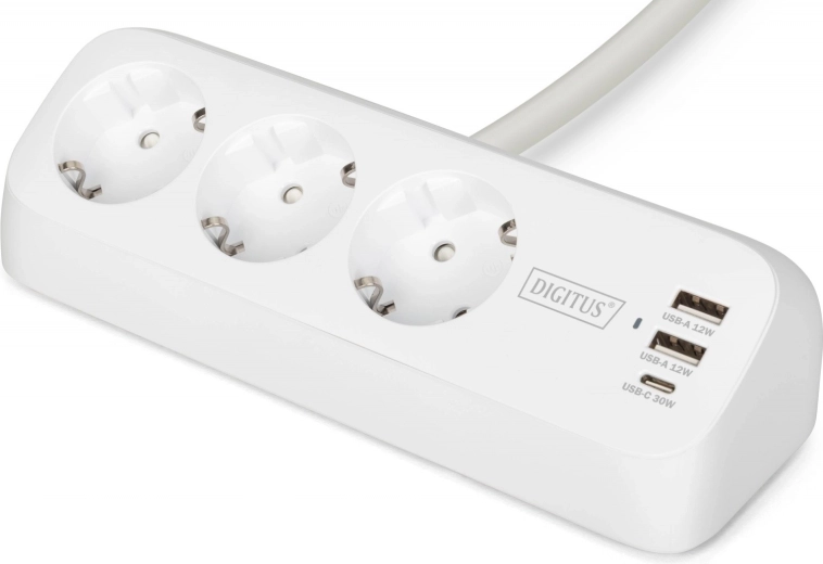 Prelungitor de birou cu clemă și protecție la supratensiune, 3 prize Schuko, 2× USB‑A 12 W, 1× USB‑C 30 W, cablu 1,5 m, alb