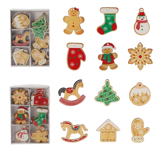 Set de 18 ornamente de Crăciun din lemn în formă de turtă dulce