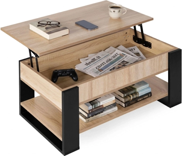 Măsuță de cafea cu blat rabatabil 90 cm, spațiu de depozitare și raft, stejar sonoma, ModernHome