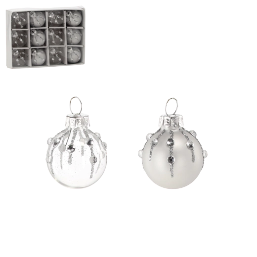Set de globuri de Crăciun din sticlă – bile argintii și transparente, 12 bucăți