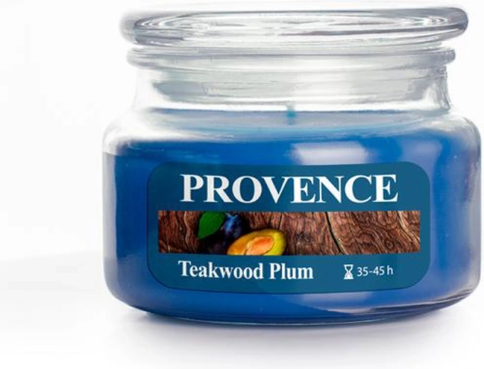 Lumânare parfumată în pahar Provence lemn de tec și prune 45 h