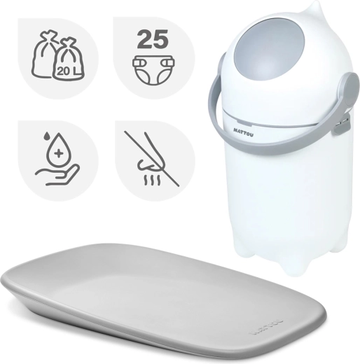 NATTOU coș pentru scutece Dropy și salteluță de înfășat Softy White/Grey 50 × 70 cm