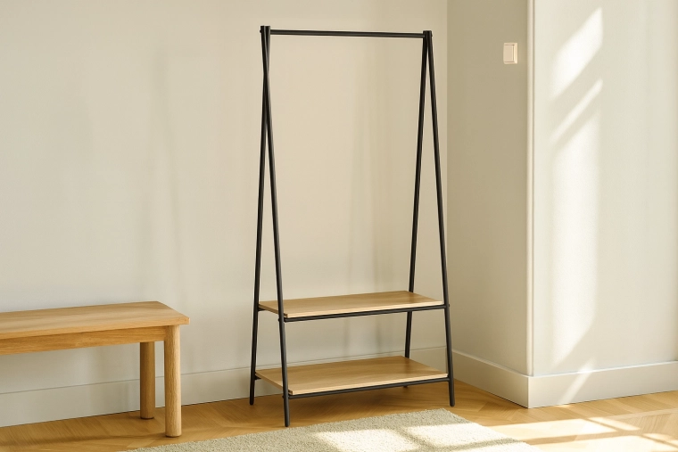 Suport de haine autoportant cu 2 rafturi 80 × 40 × 160 cm, metal și lemn, design loft