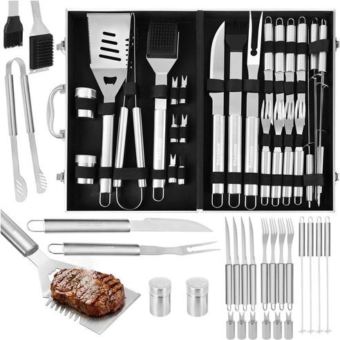 Set de ustensile pentru grătar din oțel inoxidabil cu valiză din aluminiu Kaminer (26 piese)