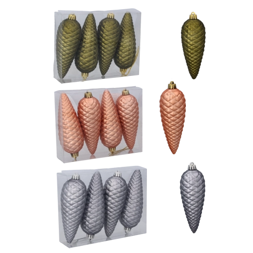 Set de ornamente de Crăciun conuri mate 14 cm – măsliniu, cupru și grafit (4 buc)