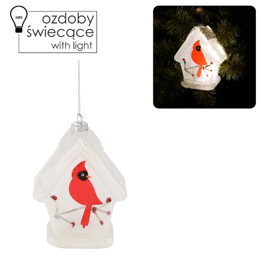 Decorațiune de Crăciun din sticlă cu LED – păsărică la hrănitoare