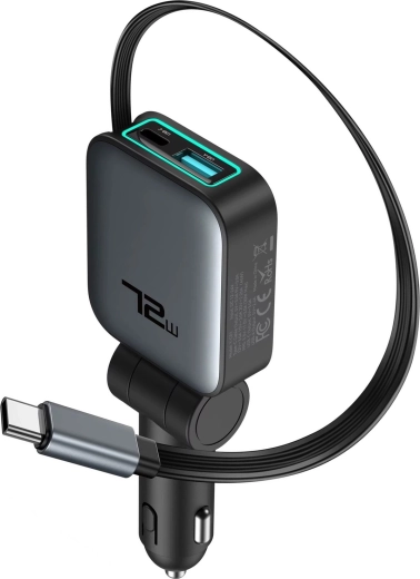 Încărcător auto Renew Force 3v1 72 W cu cablu retractabil USB-C