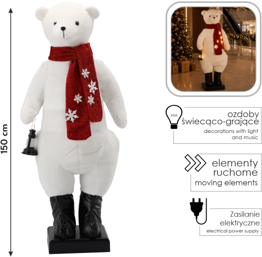 Decorațiune de Crăciun gonflabilă cu urs polar, iluminare LED, melodie și mișcare, 150 cm